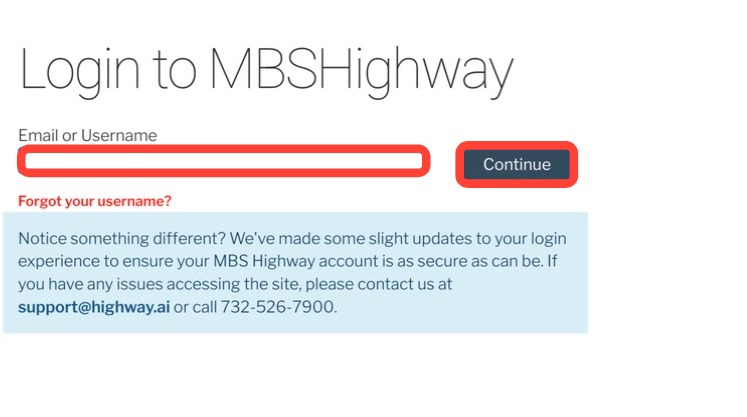 MBS Highway login page with the email field and Continue button