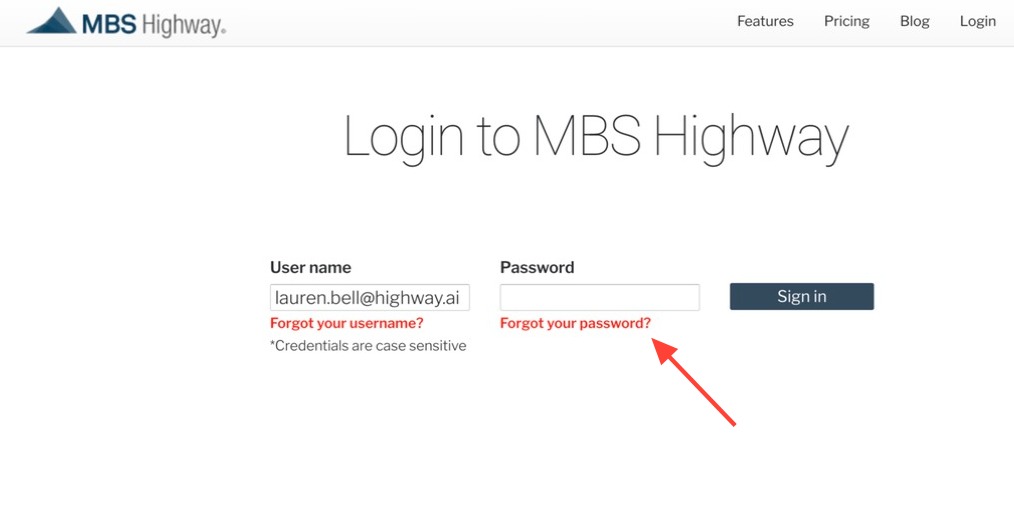 Forgot your password? link on the login page
